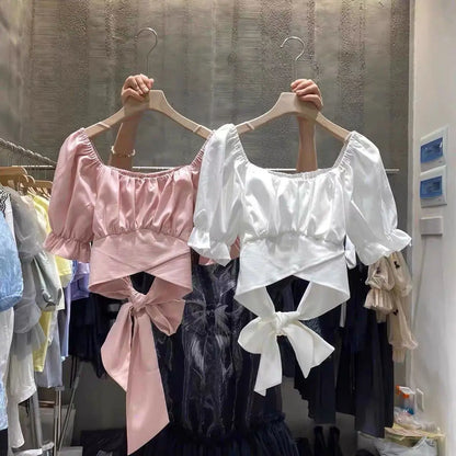 Sweet Pleated Blouses Women 2025 Blusas Mujer De Moda Puff Sleeve Square Collar Bandage Bow Crop Tops Summer White Blouse Shirts