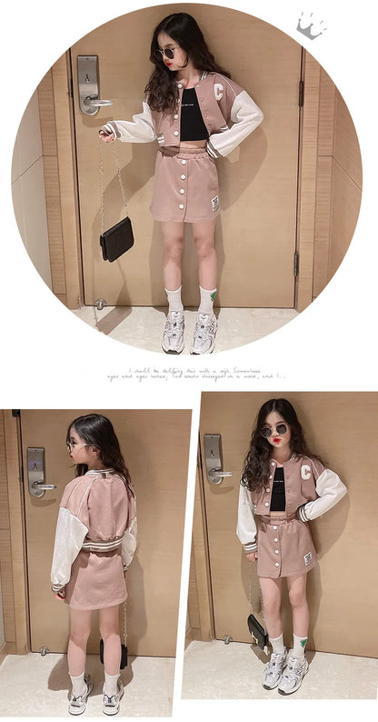 Spring Autumn Teen Girls Clothing Sets Fashion Baseball Coats + Slim Skirt 2Pcs Outfits Kids Tracksuit 5 6 7 8 9 10 11 12 13 Yrs