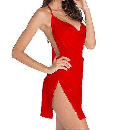 Red Temperament Goddess V Neck Backless Side Slit Sexy Slim Camisole Dress Summer Female Elegant Lace Up Dresses Ladies Sundress