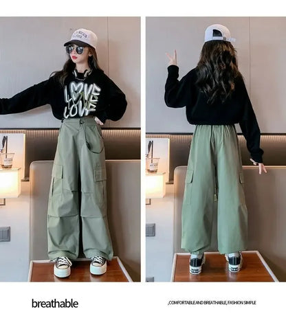 2025 spring autumn Kids tracksuit Children set Girls Clothes loose T-Shirt + wide leg Cargo Pants Teenager 4 5 6 7 10 11 12 year