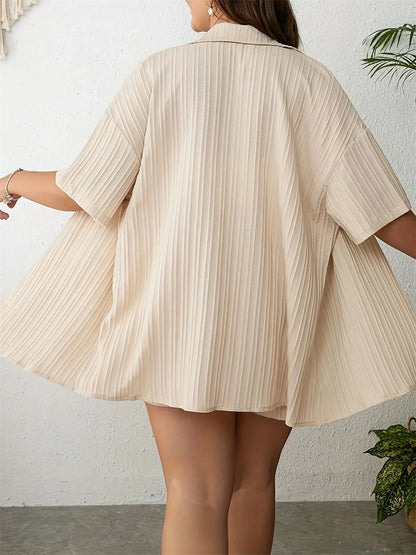 GIBSIE Plus Size Summer Two Piece Sets For Women 2024 Holiday Casual Button-up Short Sleeve Shirt with Elastic Waist Shorts