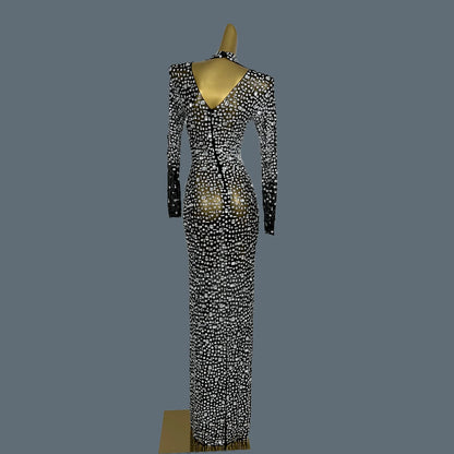 Stunning Evening Gown Long Dress Birthday Celebrate Luxurious Costume Sparkly Big Rhinestone Dancer Flashing Party Dress Gesebei