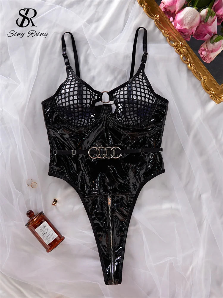 SINGREINY 2024 Leather Sexy Bodysuit Fashion Zipper Open Crotch Erotic Rompers Backless Mesh Sheer Hollow Out Sheath Playsuit