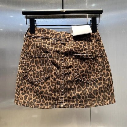 Elastic Brown Leopard Print Denim Hip Skirt
