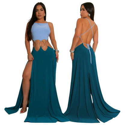 CM.YAYA Women Strap Backless Big Swing Split Maxi Long Dress 2025 Hollow Out Birthday Sexy Club Party Evening Dresses Vestidos