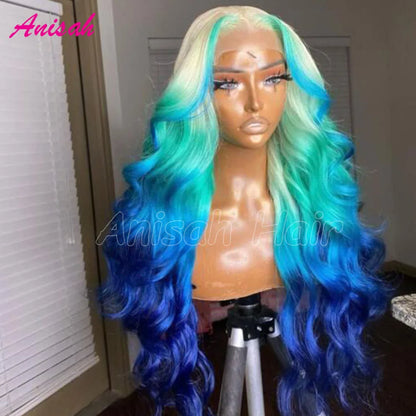 Glueless Lace Front Wigs Human Hair Ombre Blue Colored Wig for Women 13x4 HD Transparent Lace Frontal Wig PrePlucked