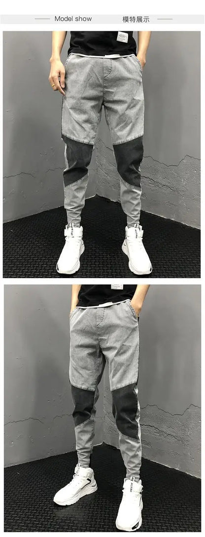 Men's Summer Korean Fashion Vintage Patchwork Stretchy Washed Denim Pants Y2K Casual Streetwear Slim Fit Jeans Pantalones Hombre