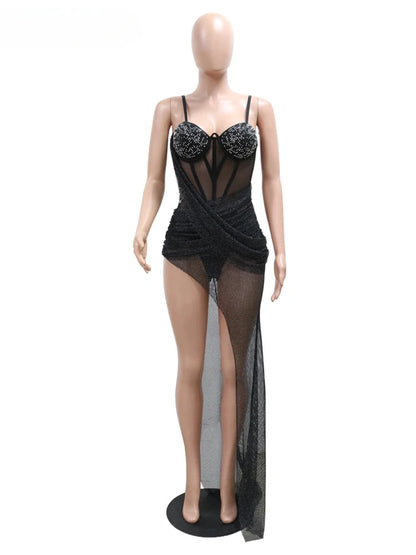 Luxury Irregular Lace Rhinestone Fish Bone Mesh Spaghetti Strips Slim Split Long Party Women Sexy Birthday Wedding Guest Dress