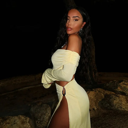 Women's Solid Beach Skirt Sets Sexy High Split Slim Bohemian Outfits Off The Shoulder Holiday Fashion 2 Piece Set 2025 Beachwear