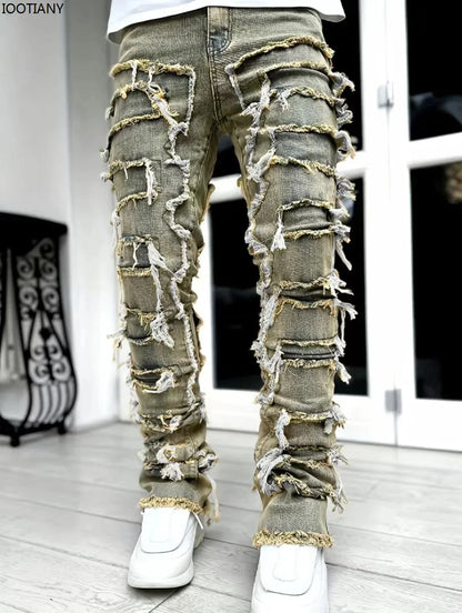 New Fashion Stretch Jeans Man Stacked Jeans Elastic Waist Straight Fit Patchworks Denim Long Pants Fringe Ripped Jeans For Men