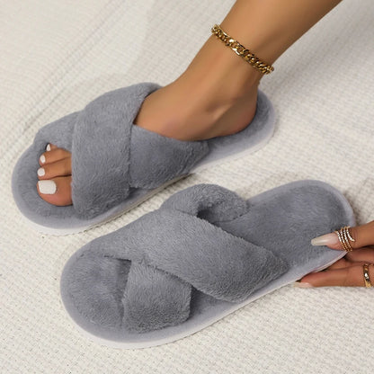 Cross Warm Fluffy Furry Lightweight Slippers For Women