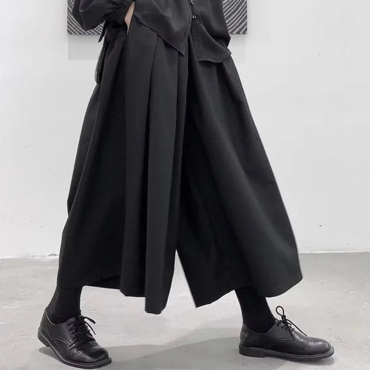Mens Wide Leg Pants Gothic Dark Style Loose Cropped Hakama High Waisted Nine Point Straight Leg Pants For Samurai Pants