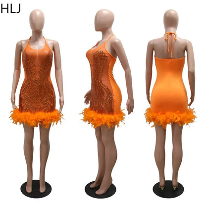 HLJ Fashion Perspective Sequin Halter Lace Up Bodycon Mini Dress Women Backless Sleeveless Feather Splicing Party Club Vestidos