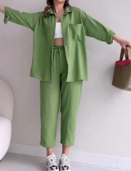 summer outfits for women 2025 New Loose Button Long Sleeve Shirt and Cropped Pants Casual Sports Summer women's suit Pants Set