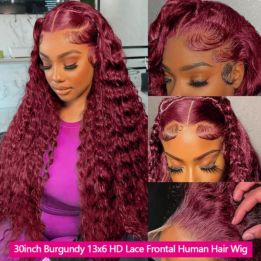 210 Density Burgundy 13x6 HD Lace Frontal Human Hair Wig 30Inch Water Wave Human Hair Wig 12A Ginger Lace Front Wig Human Hair