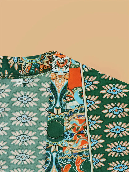 GIBSIE Plus Size Summer Two Piece Set For Women Vacation Long Kimono Cardigan with Shorts Beach Style Boho Print Outfit Sets