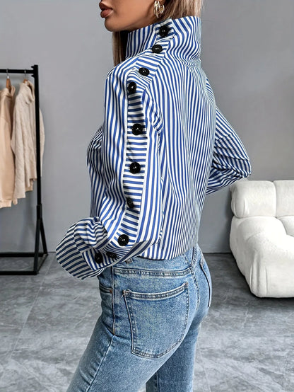 Spring Shirt New Stripe Long Sleeved Top For Women Elegant Office Lady Spliced buttons Pullover Woman Blouse 2025 Blusas