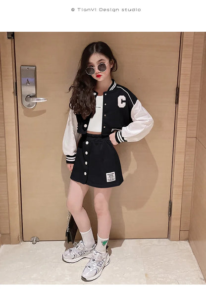 Spring Autumn Teen Girls Clothing Sets Fashion Baseball Coats + Slim Skirt 2Pcs Outfits Kids Tracksuit 5 6 7 8 9 10 11 12 13 Yrs