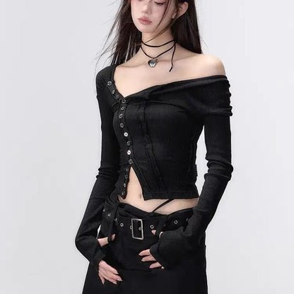 Black Tshirts Women Clothes Long Sleeve Slash Neck Tunic Tees 2025 Ropa Mujer Single Breasted Sexy Korean Y2k T Shirt Ropa Mujer