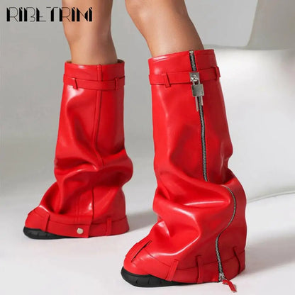 Platform Women Fold Over Mid Calf Padlock Metal Platform Shoes