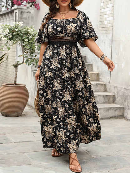 GIBSIE Plus Size Square Neck Floral Print Maxi Dress Women Summer 2025 Knot Front Hollow Out Boho Vacation Big Swing Dresses