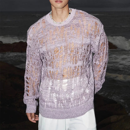 Sexy Hollow Out Mesh Knit T Shirts Men See Through Ripped Crew Neck Pullover Tops For Mens 2025 Spring Fashion Knitting T-shirt
