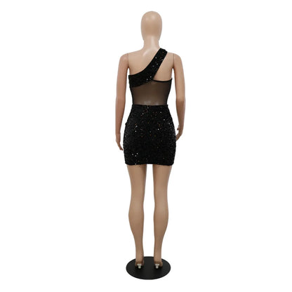 2023 Summer Women Sleeveless One Shoulder Bodycon Sexy Glitter Sequined Mesh Patchwork Mini Dress For Women Birthday Party