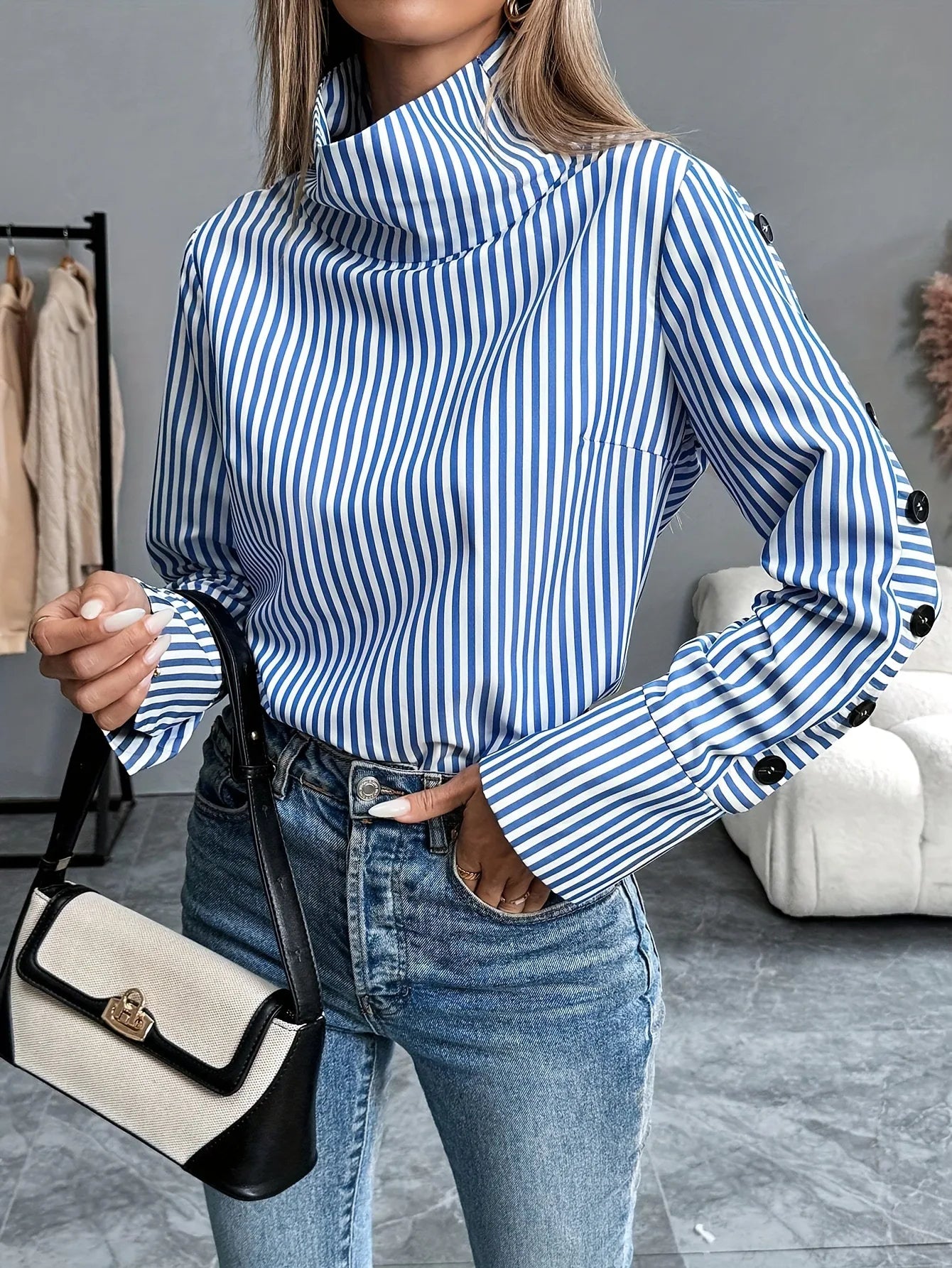 Spring Shirt New Stripe Long Sleeved Top For Women Elegant Office Lady Spliced buttons Pullover Woman Blouse 2025 Blusas
