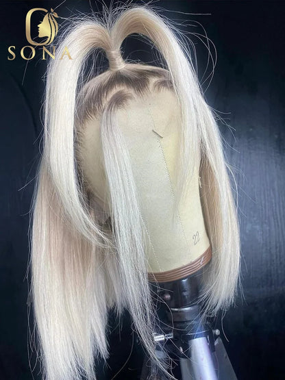 13x6 Colored Dark Root White Platinum Ash Blonde Straight Bob Lace Frontal Wig Human Hair Pre Plucked Brazilian Remy Front Wig