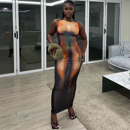 Summer 2024 Y2K Print Sexy Evening Party Club Birthday Maxi Dress for Women Bodycon Sleeveless Long Dresses Outfits Streetwear