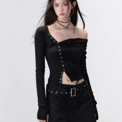 Black Tshirts Women Clothes Long Sleeve Slash Neck Tunic Tees 2025 Ropa Mujer Single Breasted Sexy Korean Y2k T Shirt Ropa Mujer