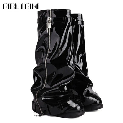 Platform Women Fold Over Mid Calf Padlock Metal Platform Shoes