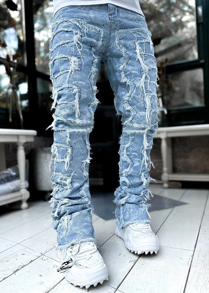 New Fashion Stretch Jeans Man Stacked Jeans Elastic Waist Straight Fit Patchworks Denim Long Pants Fringe Ripped Jeans For Men