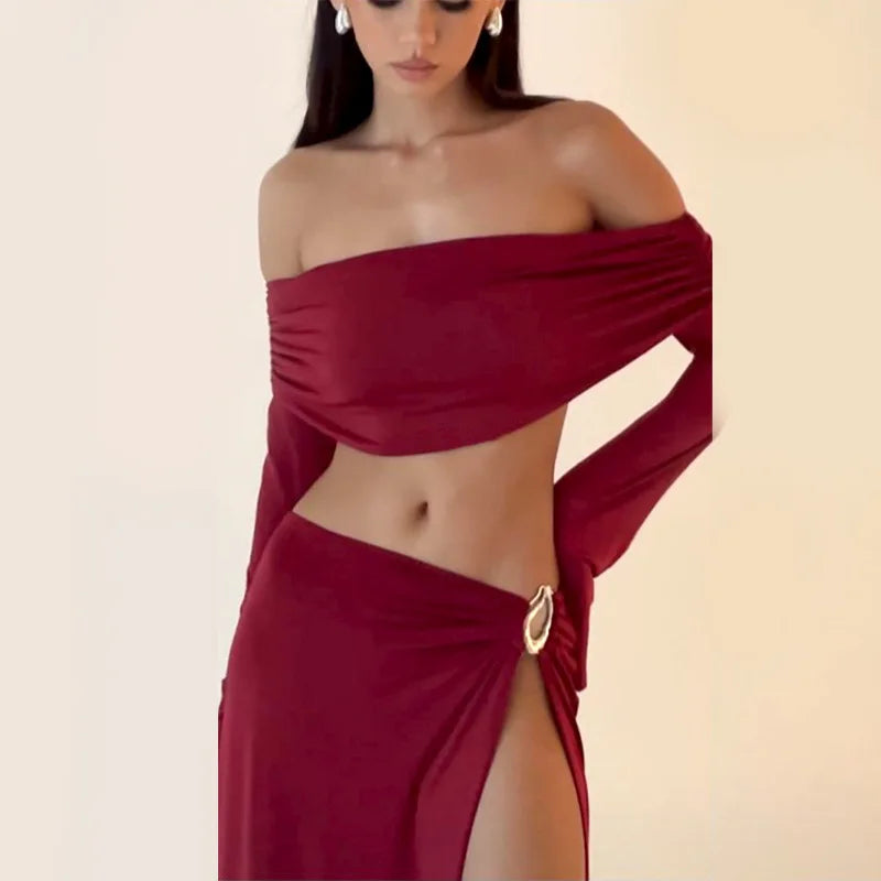 Women's Solid Beach Skirt Sets Sexy High Split Slim Bohemian Outfits Off The Shoulder Holiday Fashion 2 Piece Set 2025 Beachwear