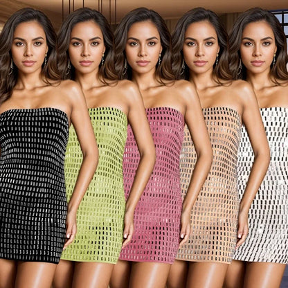 Leosoxs Hot Diamonds Patchwork Mini Dresses for Women Off the Shoulder Backless Summer Bodycon Dress Party Evening Vestidos