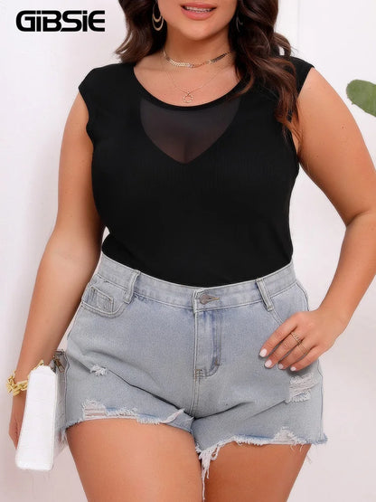 GIBSIE Plus Size Women's Front Chest Elastic Mesh Splicing Tops Black Elegant Round Neck Sleeveless T-Shirt 2024 Summer New