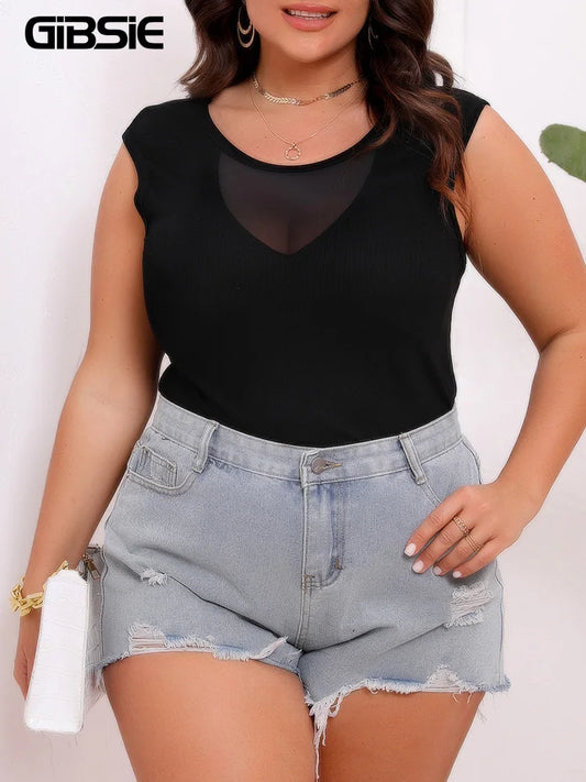 GIBSIE Plus Size Women's Front Chest Elastic Mesh Splicing Tops Black Elegant Round Neck Sleeveless T-Shirt 2024 Summer New