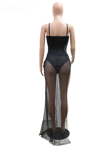 Luxury Irregular Lace Rhinestone Fish Bone Mesh Spaghetti Strips Slim Split Long Party Women Sexy Birthday Wedding Guest Dress