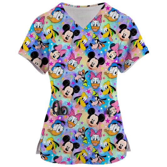 2024 New Minnie Mouse Print Nurse Medical Uniforms V-neck Short Sleeve Pocket Workwear Top Scrubs Medical Accessories Uniform