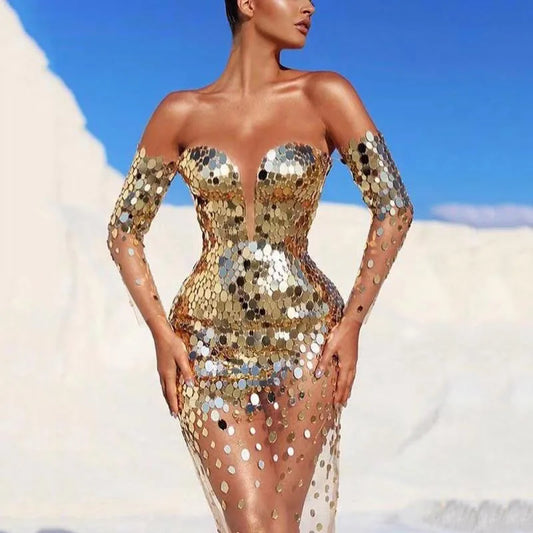 Sequin Off Shoulder Silver Dress Elegant Sexy Mesh See Through Bodycon Dress Women Luxury Summer Clothes Long Evening Club Dress