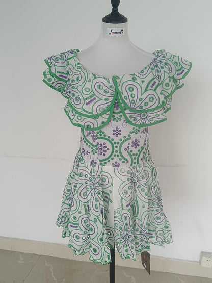 JAMERARY Women Dress Summer Runway Cut Out Double Layer Ruffles Embroidery Elastic Waist Short Party Vestidos Holiday Beach Wear