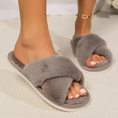 Cross Warm Fluffy Furry Lightweight Slippers For Women