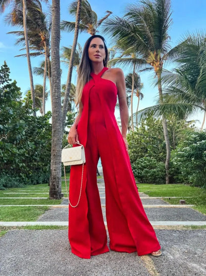 New Summer Women Jumpsuit One Front  Jumpsuit Sleeveless Wide Leg Long Pant Bodysuit Fashion Fit Casual Streetwear