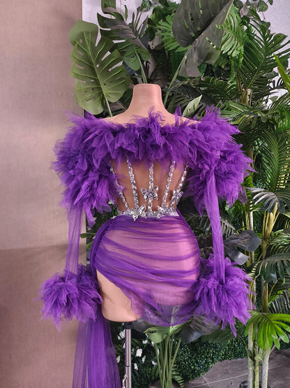 White Purple Women Sexy Strapless Mesh Ruffles 2 Pieces Bodycon Mini Dress See Through Celebrate Nightclub Party Birthday Wear