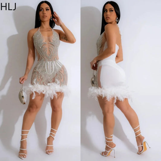 HLJ Fashion Perspective Sequin Halter Lace Up Bodycon Mini Dress Women Backless Sleeveless Feather Splicing Party Club Vestidos