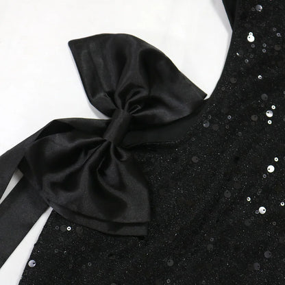 FAGADOER Bow Patchwork Bodycon Birthday Party Mini Sequined Dress Black Sexy Side Hollow Halter Tassel Night Clubwear 2024 New