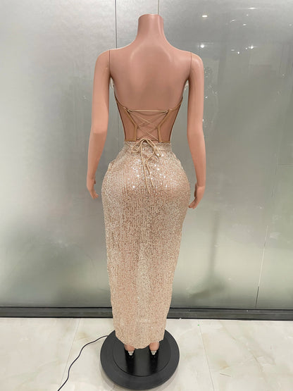 Women Glitter rhinestone Bright Sequins Two Pieces  Evening Party Dress Celebrate Festival Dancer Bar Nightclub Ds Dj Stage Wear