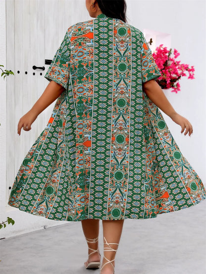 GIBSIE Plus Size Summer Two Piece Set For Women Vacation Long Kimono Cardigan with Shorts Beach Style Boho Print Outfit Sets