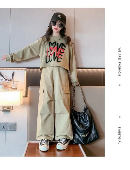 2025 spring autumn Kids tracksuit Children set Girls Clothes loose T-Shirt + wide leg Cargo Pants Teenager 4 5 6 7 10 11 12 year