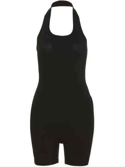 Plus Size Fashion Black Halter Jumpsuit, Women's Solid Color Sexy Body-Con Black Clothes